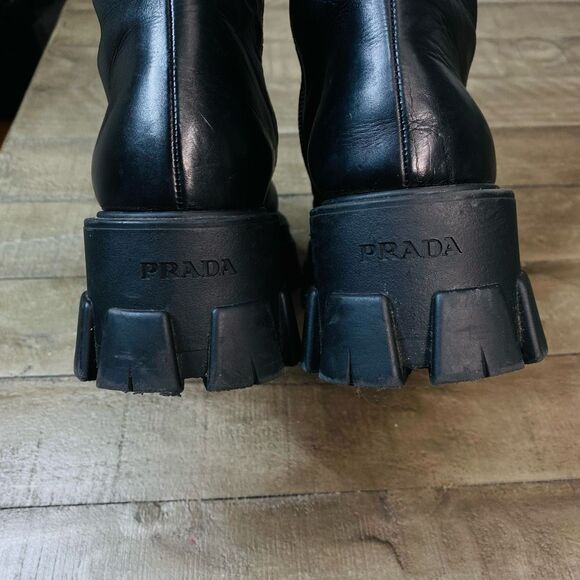 Prada Lug-Sole Tall Leather Combat Boots Size 7 (37.5) - Picture 13 of 15